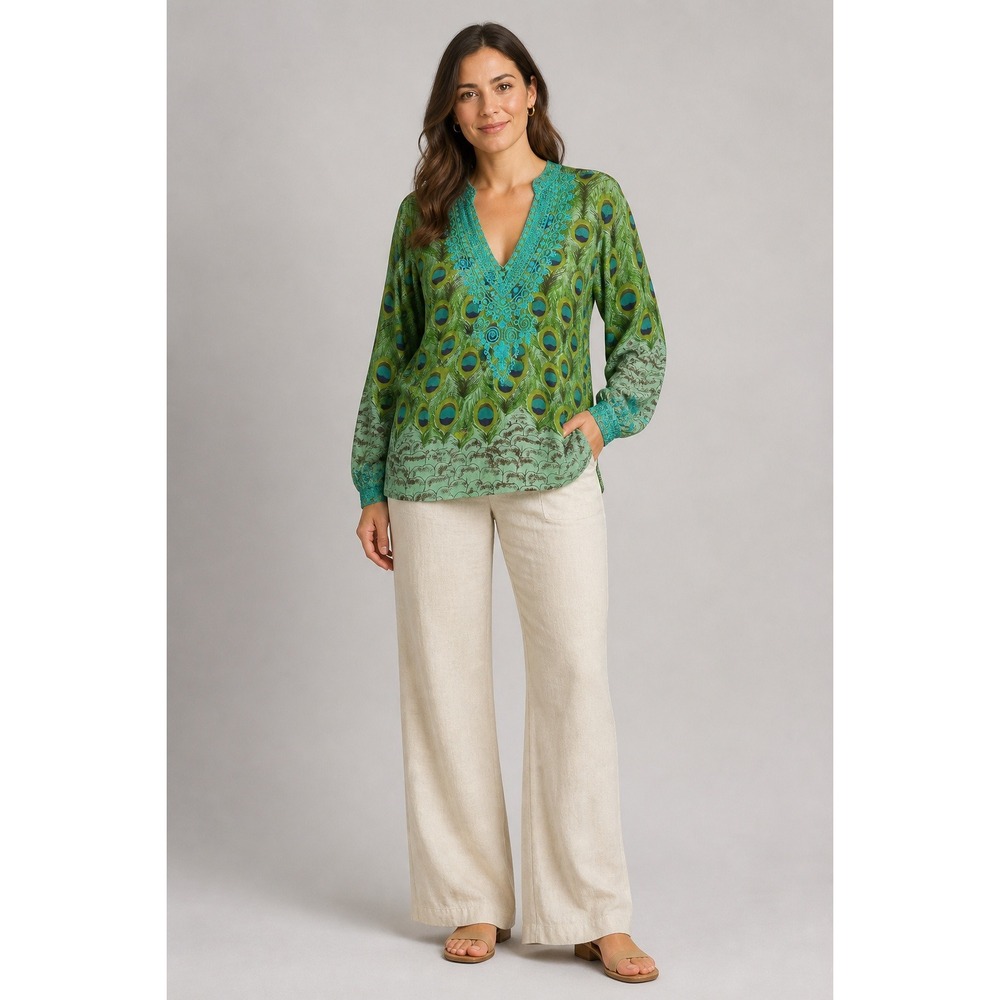SOL Crochet Trim Tunic Top Womens Large Peacock Feather Print Cotton Green Blue